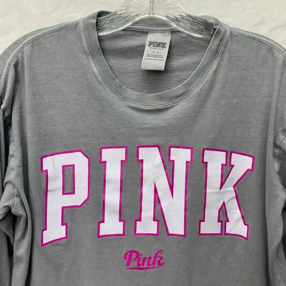 Pink Victorias Secret Womens Small Hot Pink Purple Logo Long Sleeve Gray T Shirt - Picture 2 of 6